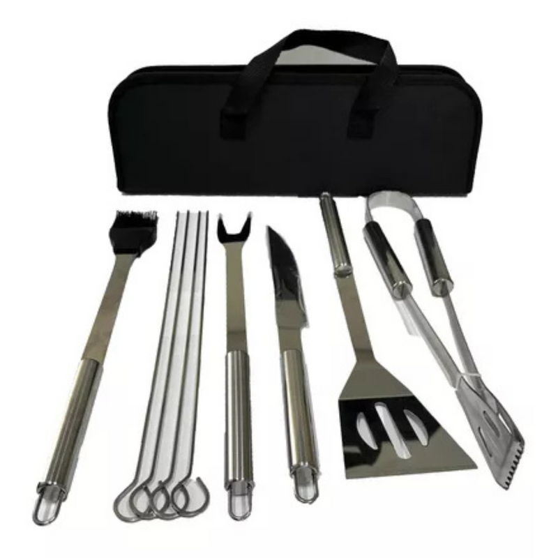 Kit Churrasco 9 Peças Inox Profissional C/ Maleta