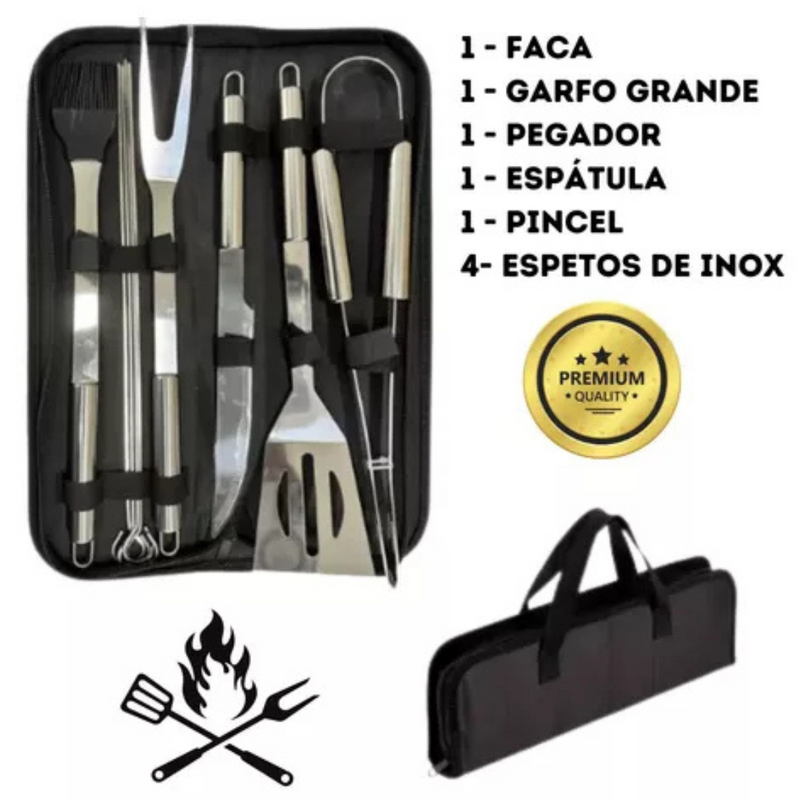 Kit Churrasco 9 Peças Inox Profissional C/ Maleta