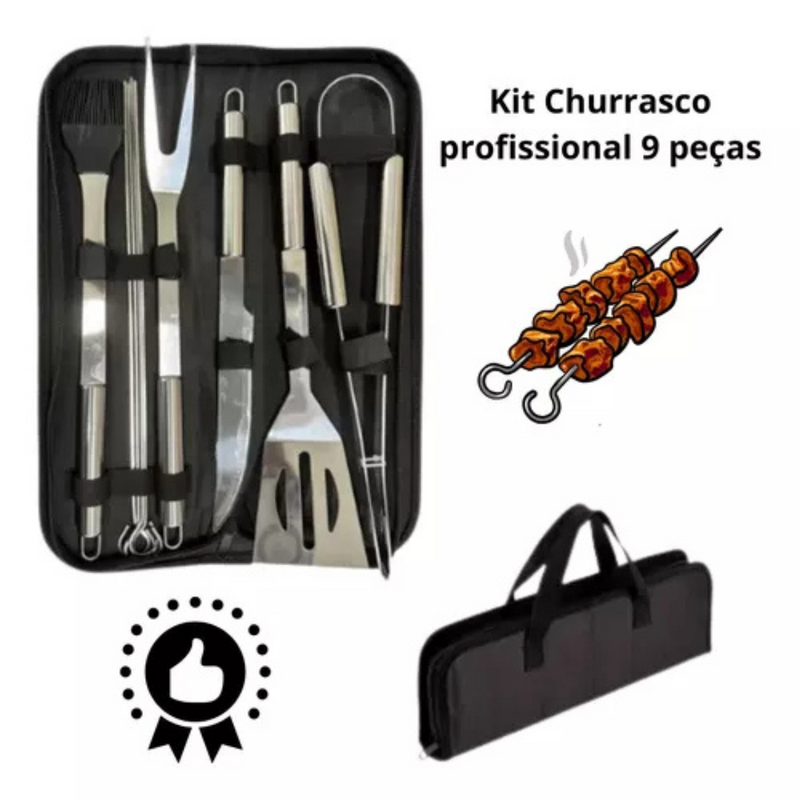 Kit Churrasco 9 Peças Inox Profissional C/ Maleta